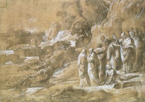 The Raising of Lazarus (pen og brunt indisk blæk og sort kridt på brunt papir)